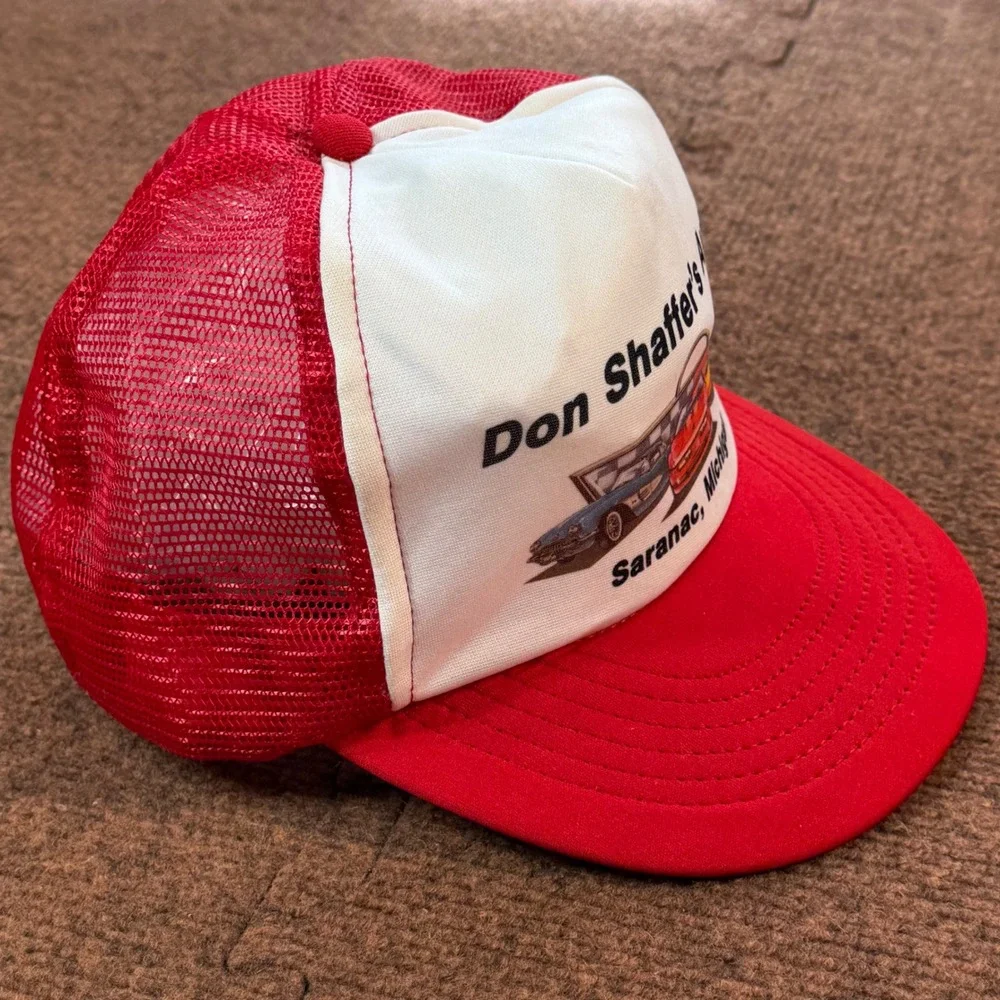 Vintage IDEA Inc Don Shaffer's Autos Trucker Hat Michigan Red White Snapback USA